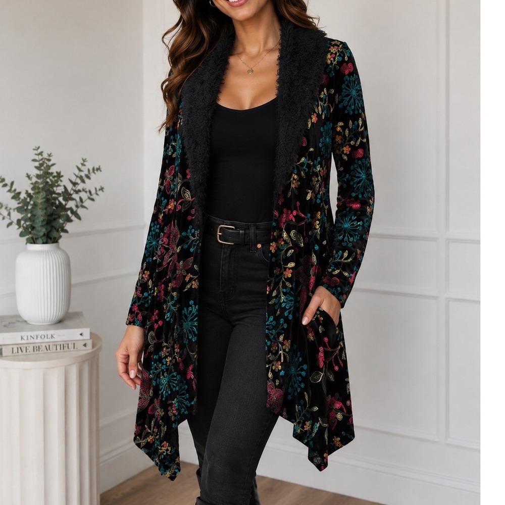 Vine Street Floral Embroidered Velvet Cardigan Faux Fur Trim Black Open Front n3